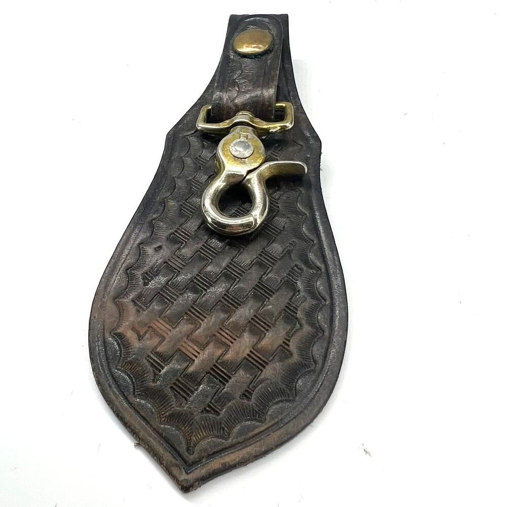 Antique Vintage 1900's leather key holder belt-mounted key Chain flap Tooled